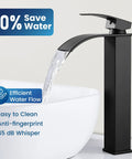 Matte Black Tall Waterfall Vessel Sink Faucet With Large Rectangular Spout Single Handle One Hole Mixer For Bar Sink Lavatory Vanity