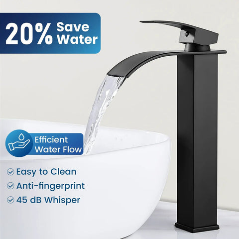 Matte Black Tall Waterfall Vessel Sink Faucet With Large Rectangular Spout Single Handle One Hole Mixer For Bar Sink Lavatory Vanity