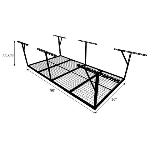 Beefy Overhead Garage Storage Rack 4x8 Ft Ceiling Mounted Heavy Duty Organizer, steel frame with adjustable posts and dimensions