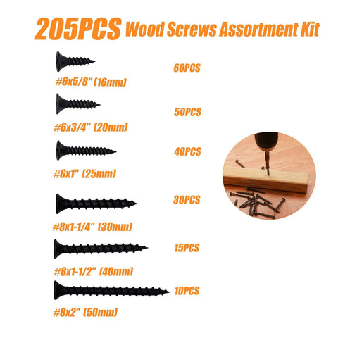 Wood And Drywall Screw Kit With 205 Piece Phillips Assortment In 6 Sizes For Easy DIY Projects 2 In 1-1/2 In 1-1/4 In 1 In 3/4 In 5/8 In Ideal For Wood And Drywall. Black phosphate 1022A carbon steel wood screws on white background