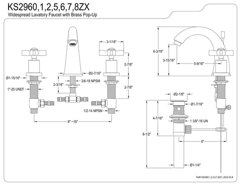 Technical drawing of Millennium Widespread Lavatory Faucet 8 to 16 Inches with Brass Build and Pop Up Drain, Brushed Nickel Finish.