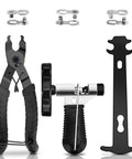 All In One Bike Chain Repair Kit with link plier, chain breaker, wear indicator, and 3 pairs of missing links for quick bike maintenance.