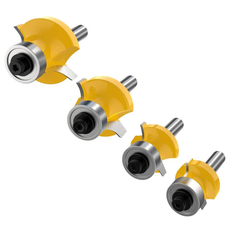 One Quarter Inch Shank Roundover Router Bit Set For DIYers Edge Beading And Corner Rounding Includes Radii Five Sixteenth Inch Three Sixteenth Inch One Quarter Inch And One Eighth Inch Radius Alloy Steel With Anti Kickback And Teflon Coating shown in various sizes.