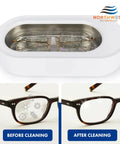 Heavy Duty Ultrasonic Eyeglass Cleaner Concentrate 16 Oz Solution in white cleaning unit with glasses before and after use.