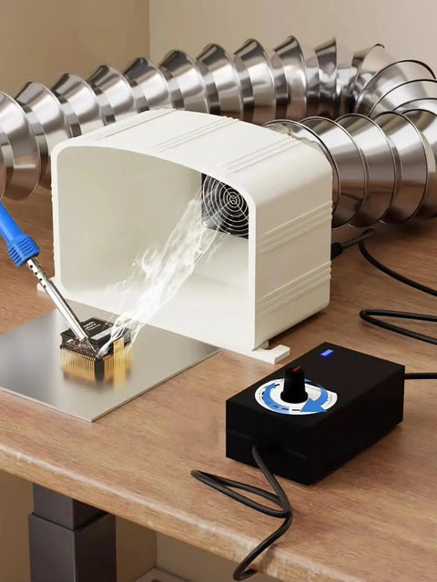 No Sweat Desktop Smoke Absorber For Soldering Tasks Featuring Flexible Exhaust Hose and Heavy Duty High Efficiency Filter in use