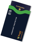 RFID Blocking Travel Sleeves Set With Color Coding Navy Blue Unisex Wallet Keeps Your Cards And Passports Safe From Skimming And Identity Theft While On The Go, navy blue sleeve with Canada passport partially visible.