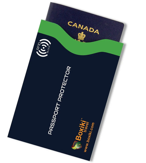 RFID Blocking Travel Sleeves Set With Color Coding Navy Blue Unisex Wallet Keeps Your Cards And Passports Safe From Skimming And Identity Theft While On The Go, navy blue sleeve with Canada passport partially visible.