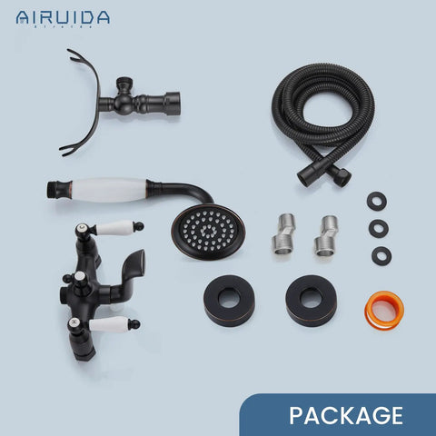 Vintage Victorian Style Wall Mount Bathtub Faucet Set With Telephone Handheld Sprayer components on display.