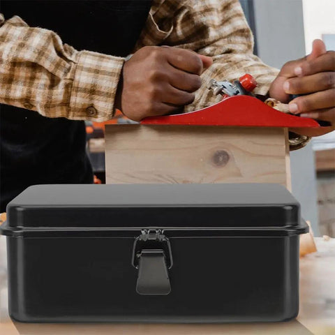 Two Pack Metal Tool Box Storage Case Organizer With Secure Latch Portable Lockable Toolbox Set against a woodworking background