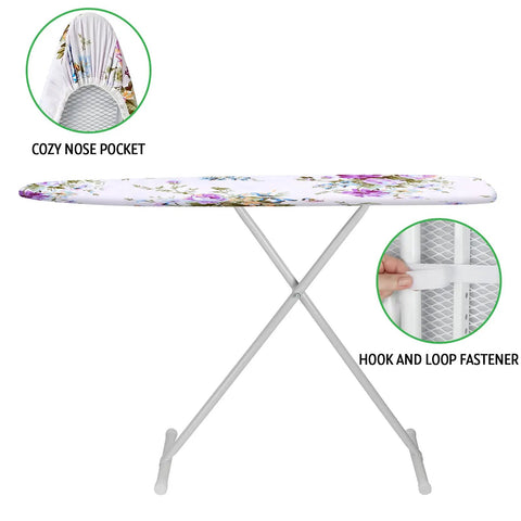 Eco Friendly Cotton Ironing Board Cover And Pad For Standard 15x54 Inch Boards With Elastic Edge And Hook And Loop Fasteners Scorch And Stain Resistant Breathable Odorless Easy Wipe Cleanup, showing ironing board with floral design, cozy nose pocket, and hook and loop fastener.