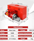 Portable Electric Rebar Cutter With 1250W Or 1700W Pure Copper Motor For High Speed Hydraulic Cutting In Rail And Construction Projects Heavy Duty Steel Bar Slicer Machine in red box with specs.