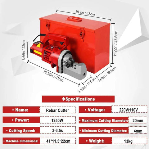 Portable Electric Rebar Cutter With 1250W Or 1700W Pure Copper Motor For High Speed Hydraulic Cutting In Rail And Construction Projects Heavy Duty Steel Bar Slicer Machine in red box with specs.