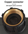 Close-up of copper connector on programmable outdoor garden hose water timer with rain delay and manual override