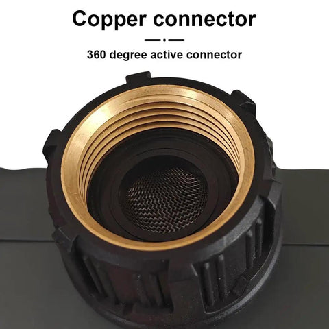 Close-up of copper connector on programmable outdoor garden hose water timer with rain delay and manual override