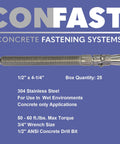 Stainless Steel Wedge Anchor Half Inch By Four And A Quarter Inch For Concrete In Wet Submerged Environments CONFAST 25 Per Box.