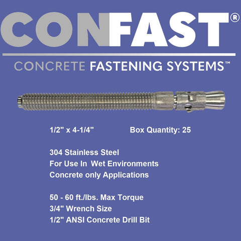 Stainless Steel Wedge Anchor Half Inch By Four And A Quarter Inch For Concrete In Wet Submerged Environments CONFAST 25 Per Box.