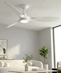 Stylish 52 Inch White Ceiling Fan With Three Blades And Built In Light Featuring Slick Finish Hella Powerful Airflow Quiet Operation Remote Control.