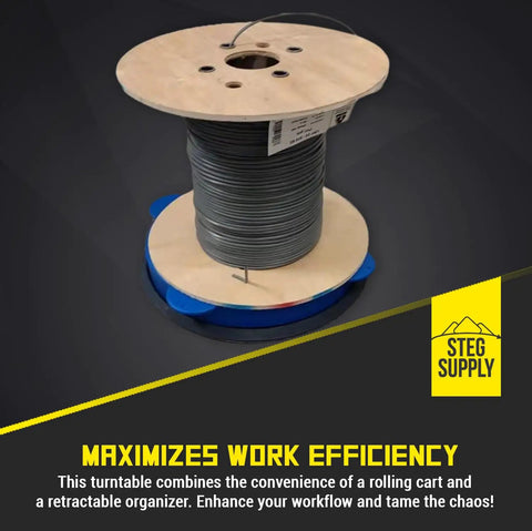Rugged Heavy Duty Cable Reel Stand With Nylon Caddy And Metal Bearings holding cable spool, STEG Suppy brand.