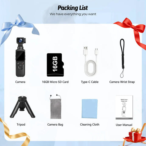 Packing list for 4K Vlogging Camera For YouTube And Social Media Ultra Portable 75MP Pocket Digital Camera With 330 Degree Rotating Gimbal Lens Travel And Beginner Handheld Vlog Camera With WiFi Content Creator Kit Including Tripod And 16GB Card, showing camera, SD card, cable, strap, tripod, bag, cloth, manual.