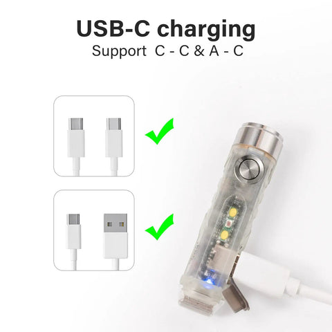 A5 G3 USB C Rechargeable Pocket Flashlight With Red Side Light 650 Lumens 9 Modes Luminous Body showing USB-C charging