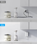 Ultra Flat Extension Cord With Outlet Cover And Power Strip That Fits Like A Glove In Tight Spaces Featuring Six Ac Outlets Plus Three Usb Quick Charge Ports Along With Five Foot Heavy Duty Cable And Reliable Safety Breakers mounted behind blender and cooker, showing neat connection.