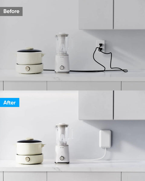 Ultra Flat Extension Cord With Outlet Cover And Power Strip That Fits Like A Glove In Tight Spaces Featuring Six Ac Outlets Plus Three Usb Quick Charge Ports Along With Five Foot Heavy Duty Cable And Reliable Safety Breakers mounted behind blender and cooker, showing neat connection.
