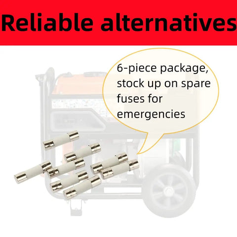 Generator Fuse Replacements 6.3A 250VAC 5x20mm 6 Pack for 10000005117, shown with generator background