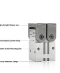 Knockout Heavy Duty Pneumatic Cylinder And 180 Degree Swing Actuator For Industrial Assembly Lines No Sweat On Off Control Top Shelf Air Powered Rotary Driver showcasing high-strength gripper jaw and hard-anodized body.
