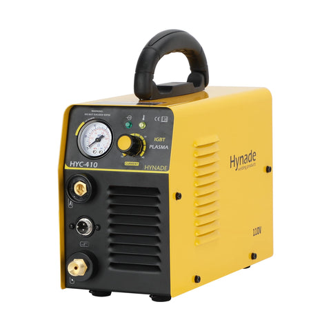 HYC410 110V Plasma Cutter, 35 Amp Air Plasma Cutter for Metal with yellow casing and control panel, portable design
