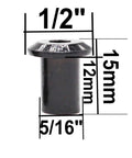 Close-up of a black dowel nut with dimensions from the 100 Piece Black M6 Hex Drive Socket Cap Bolts And Dowel Nuts Kit For DIY Furniture Builds Flat Head Allen Screws With M6x20 30 40 50 60 70 80mm Options.