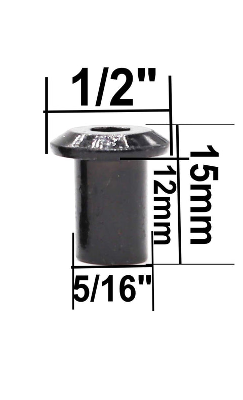 Close-up of a black dowel nut with dimensions from the 100 Piece Black M6 Hex Drive Socket Cap Bolts And Dowel Nuts Kit For DIY Furniture Builds Flat Head Allen Screws With M6x20 30 40 50 60 70 80mm Options.