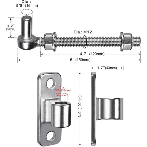 Stainless Steel Gate Hinge Set With Eye Plate Heavy Duty No Weld For Farm Fence Outdoor Use 6 Inch with dimensions shown