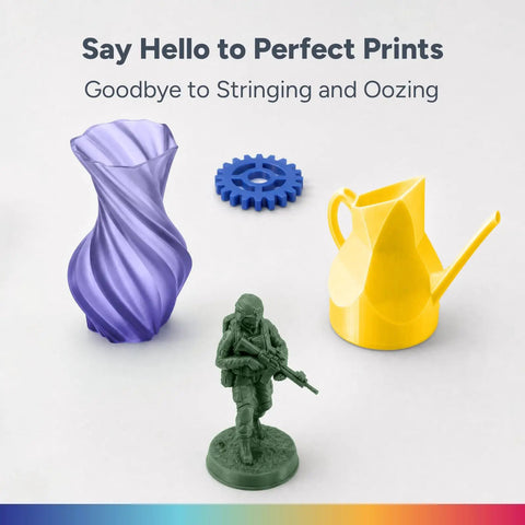 High Speed Petg Filament 1.75mm 1Kg White smooth prints including soldier, vase, gear, and watering can models.