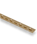 Beefy Continuous Piano Hinge With Durable Brass Finish Rust Resistant Steel Build Surface Screw Mount Zero Install Hassle Trim To Length For Interior Doors Or Cabinets close-up view of a 24-inch brass finished continuous hinge