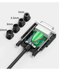 Front view of a DB15 D-sub connector module with a solder-free terminal block; four tail sleeves (5mm–10mm) shown.