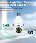 Dual Band Bulb Security Cam With 5G And 2.4G WiFi, 2K Clarity, shown with WiFi signals.