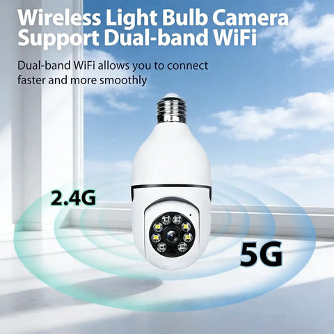Dual Band Bulb Security Cam With 5G And 2.4G WiFi, 2K Clarity, shown with WiFi signals.