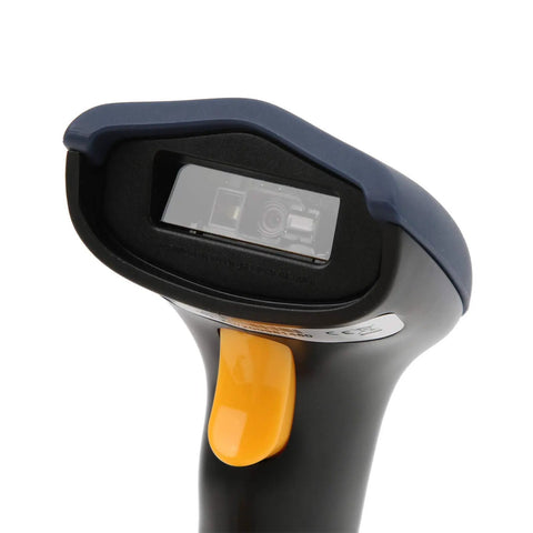 Close-up of Wired 2D Barcode Scanner USB Plug And Play for POS system, showing scanning lens and trigger button.
