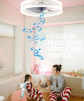 Bladeless Ceiling Fan With Light And Bluetooth Speaker, Flush Mount Low Profile Design in a cozy room, family enjoying music.