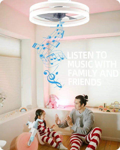 Bladeless Ceiling Fan With Light And Bluetooth Speaker, Flush Mount Low Profile Design in a cozy room, family enjoying music.