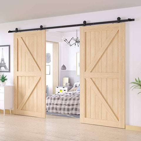 6.6Ft Antique Top Mount Double Sliding Barn Door Hardware Cabinet Kit Black Finish With 79.2In Track installed view