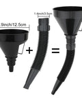 Five Piece Auto Oil Funnel Set With Flexible Neck And Filter Screen For Gas Oil Coolant And Engine Oil, Includes Wide Mouth Funnels And Extension Tube For Hard To Reach Areas, Spill Free Pouring For Any Garage, black funnels and flexible extension tube with measurements.