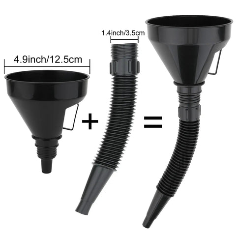 Five Piece Auto Oil Funnel Set With Flexible Neck And Filter Screen For Gas Oil Coolant And Engine Oil, Includes Wide Mouth Funnels And Extension Tube For Hard To Reach Areas, Spill Free Pouring For Any Garage, black funnels and flexible extension tube with measurements.