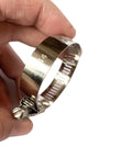 Stainless steel clamp for 35mm 1-3/8 Inch Black High Temperature 4-Ply Reinforced Silicone Hose Cap in a hand, side view.