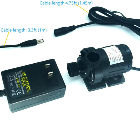 Rugged Dc Twelve Volt Submersible Water Pump For Hot Water Circulation Smooth Operator Motor Flows Three Point Five Gallons Per Minute, including AC adapter.