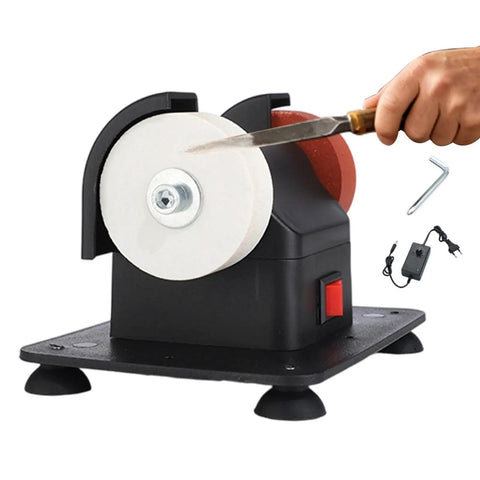 Heavy Duty Mini Bench Grinder Packed With Dual Grinding Wheels For Sharpening And Deburring Compact Tabletop Sander showing sharp knife being used.