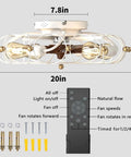 Low Profile Caged Ceiling Fan With Lights Remote Control Flush Mount Dope Modern Industrial Design 6 Speeds Reversible Blades Ferris Wheel Style Includes Bulbs White, dimensions and features with remote