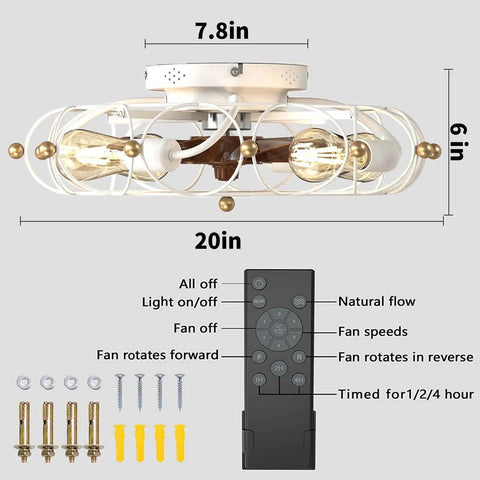 Low Profile Caged Ceiling Fan With Lights Remote Control Flush Mount Dope Modern Industrial Design 6 Speeds Reversible Blades Ferris Wheel Style Includes Bulbs White, dimensions and features with remote