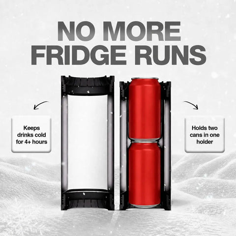 Double Wall Vacuum Insulated Stainless Steel Can Cooler Holding Two Standard Twelve Oz Beer And Soda Cans Keeps Your Drinks Ice Cold Four Plus Hours, showing two cans inside.