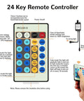 Diagram of 24-key remote controller for 164ft LED String Lights With 500 LEDs, Dimmable Copper Wire Fairy Lights.